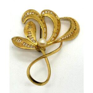 Vintage Gold Tone Filigree Swirl Brooch with Faux Pearl Marked "Western Germany"